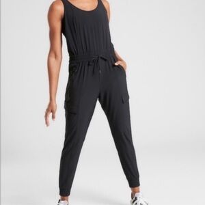 Athleta Unbound Jumpsuit Cinched Waist Cargo Pockets Black Stretch